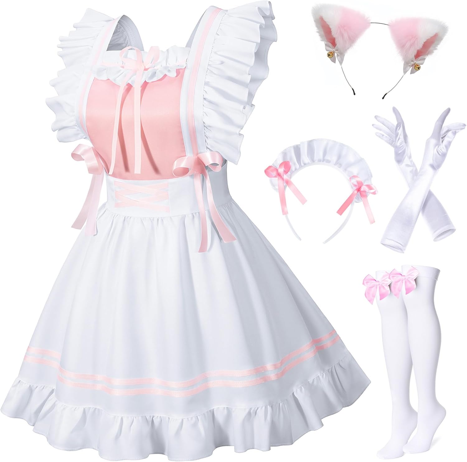 Classic French Maid Costume Apron Fancy Dress Cosplay Outfit Headwear Gloves Socks Set