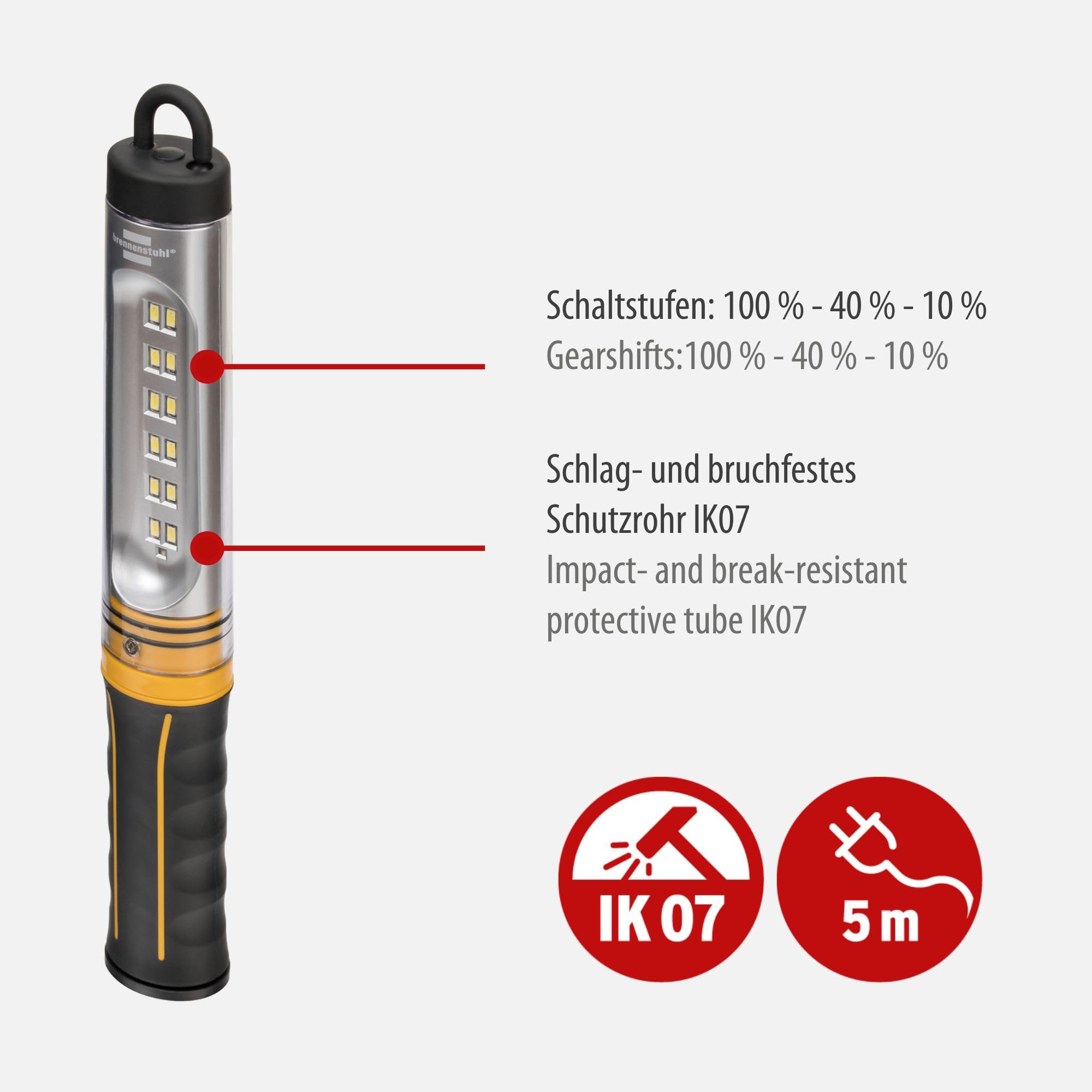Brennenstuhl Baladeuse LED WL 550 (570lm, IP65, 6500K, IK07, interrupteur poussoir, crochet escamotable et pivotant, 5m de câble)