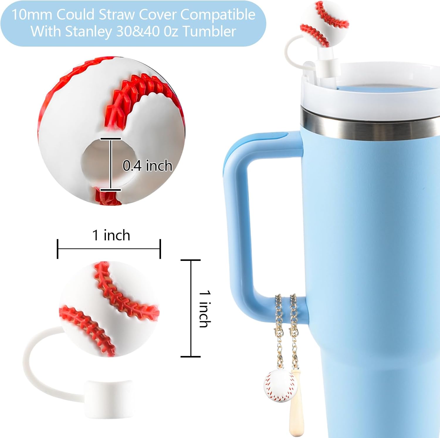 3PCS Straw Cover for Stanley Cup 30&40 Oz 10mm Silicone Straw Topper Protector Lid with 2PCS 3D Personalized Baseball Charm Accessories - Image 2