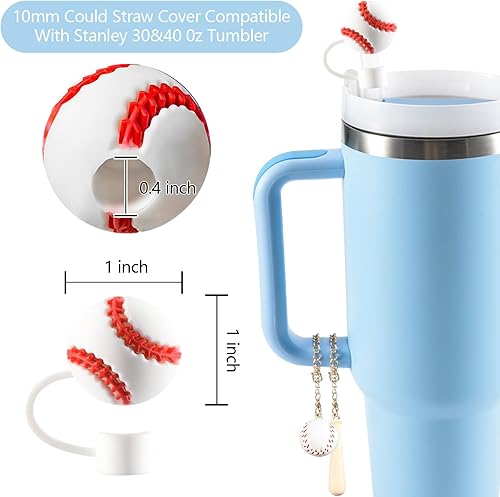 Miniatura 2 de 3 fundas de popote para Stanley Cup de 30 y 40 onzas, 0.394 in, tapa protectora de popote de silicona con 2 dijes de béisbol personalizados en 3D,