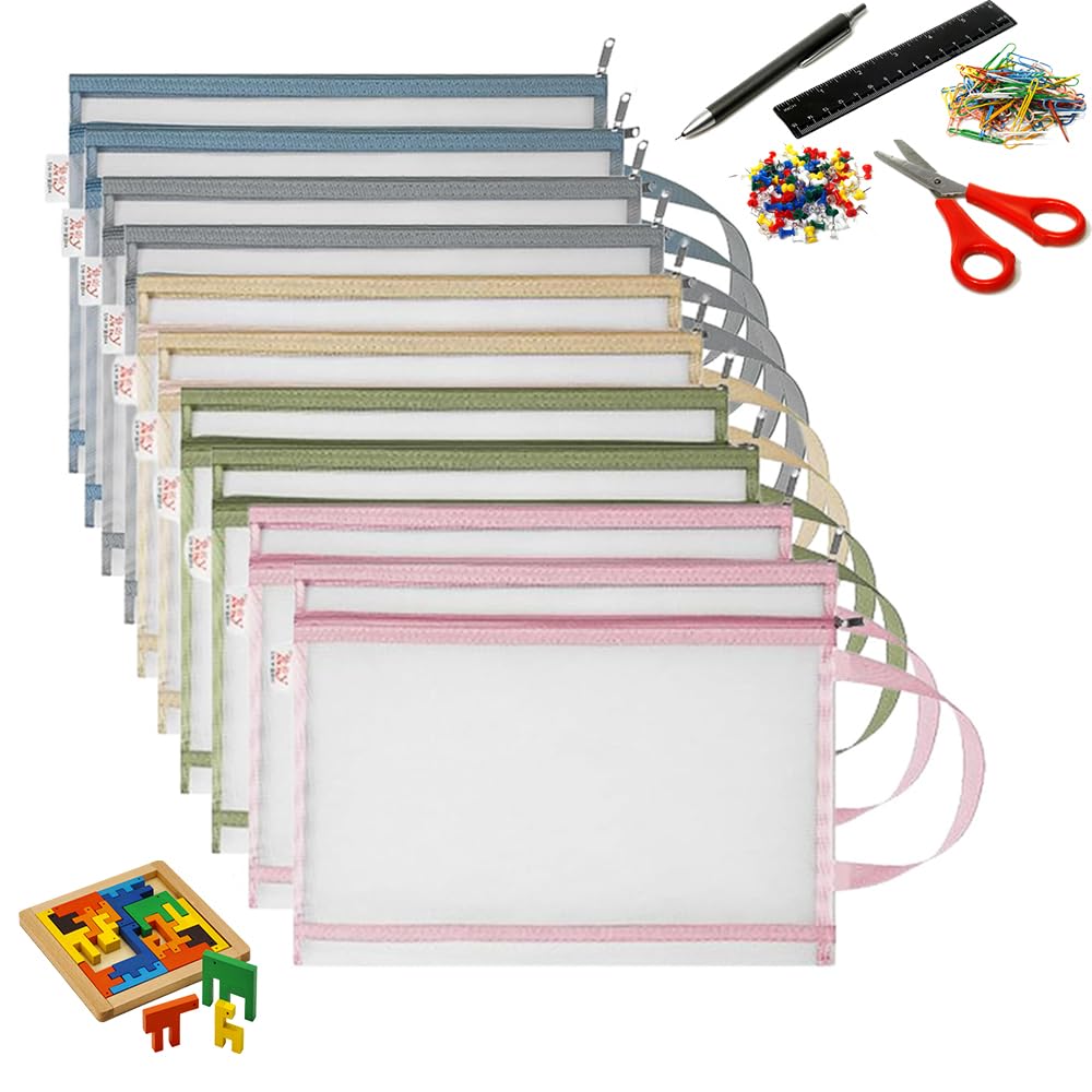 10 sztuk toreb do przechowywania zabawek, siatkowych kieszeni na dokumenty A4, z zamkiem błyskawicznym, podwójna warstwa nylonu i uchwyt, idealne do puzzli Lego, zabawek do kąpieli i klocków
