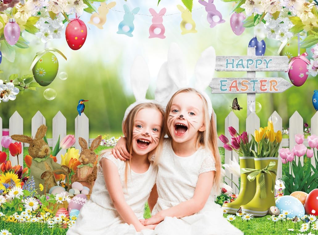10X8FT Spring Easter Garden Photography Backdrop Easter Backdrops for Photography Green Grass Lawn Pink Floral Fence Background Baby Children Birthday Party Decorations Banner DH-1104