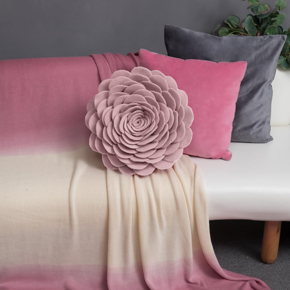 KINGROSE Handmade 3D Rose Flower Throw Pillow Solid Cushion for Sofa Couch Bed Living Room Home Decor Round 14 Inches Pink