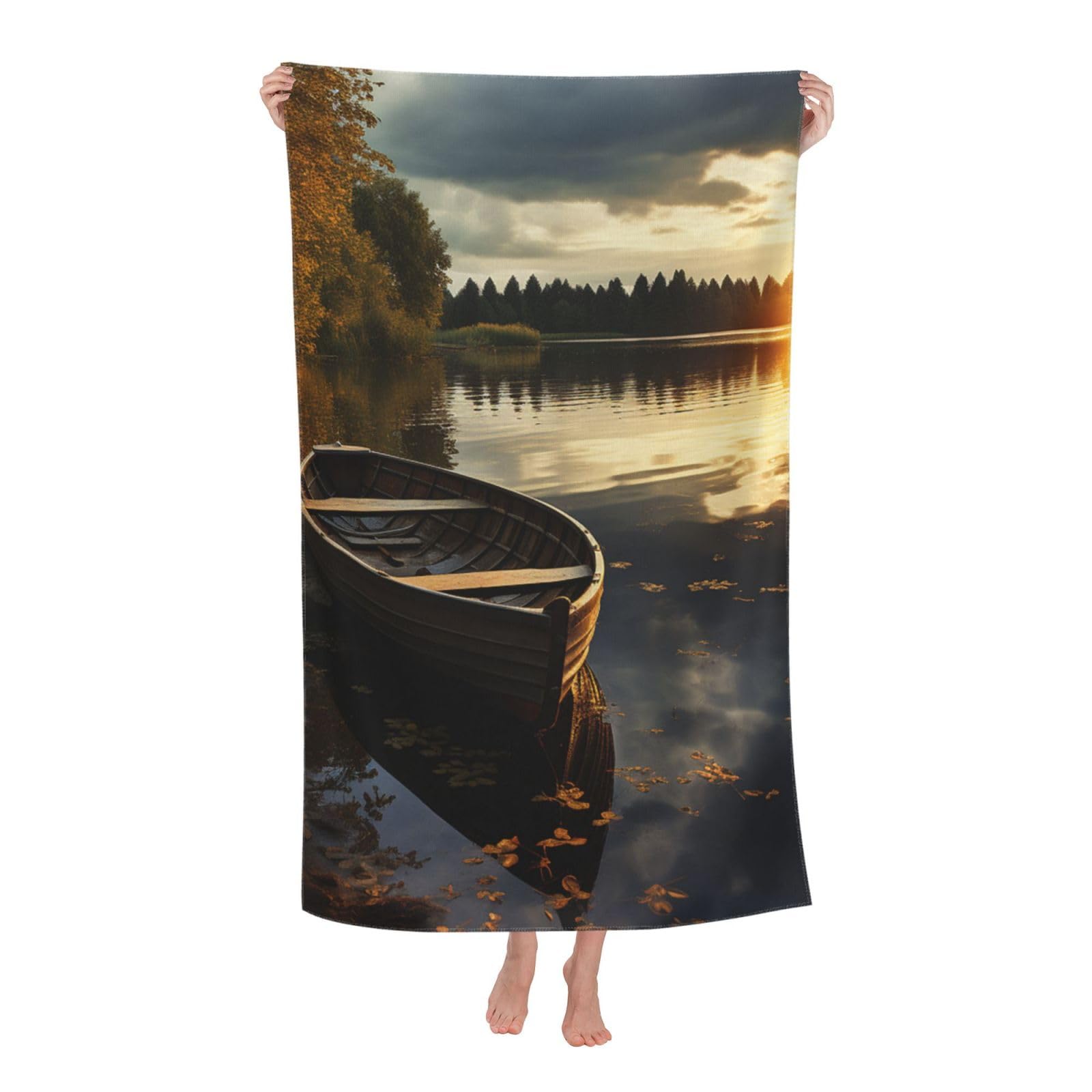 HLBSDM Boat at Lake Shore Beach Towel 52 x 32 in Vacation Essentials Quick Dry Sand Free Pool Swim Towel Super Absorbent Bath Towels Oversized Gym Towels Travel Blanket Gift
