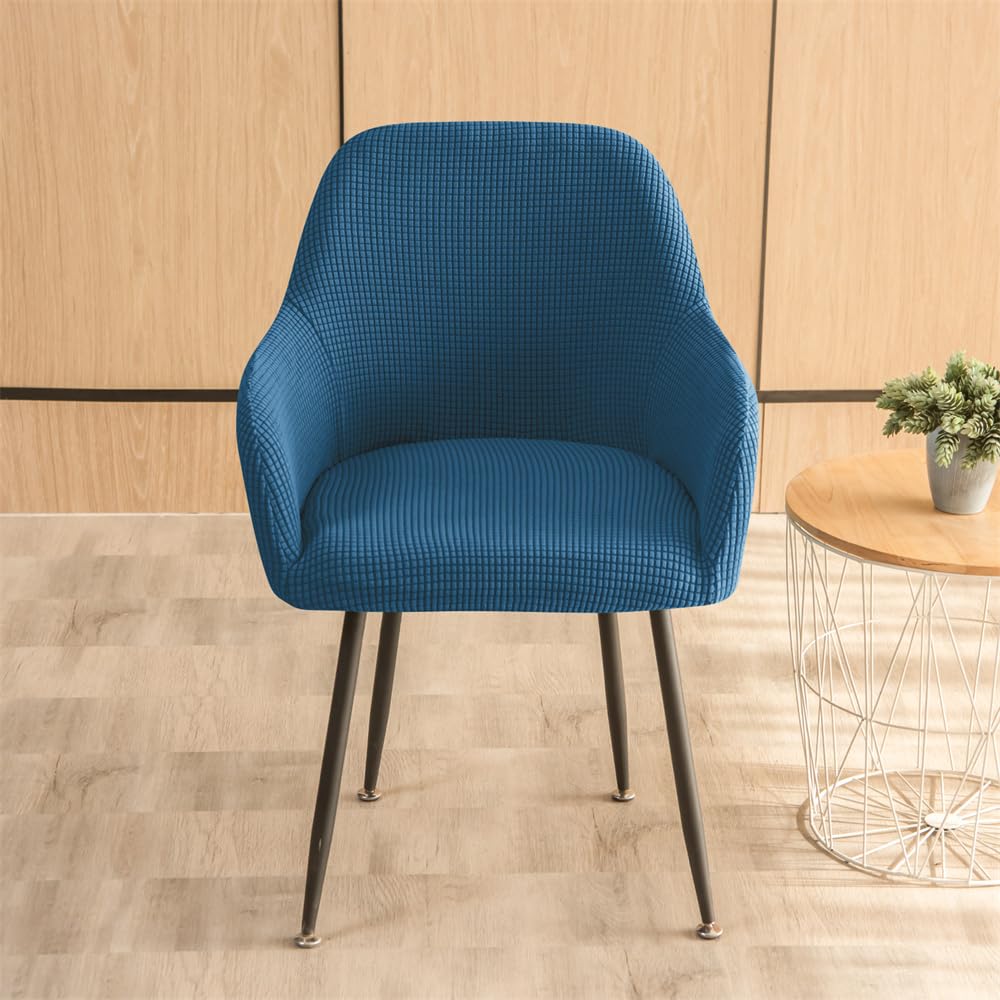 Stretch Dining Chair Covers Solid Color Curved Back Chair Slipcovers with Armrest and Vanity Swivel Armchair Cover Removable Washable for Bedroom Party Hotel Blue (2 PCS)
