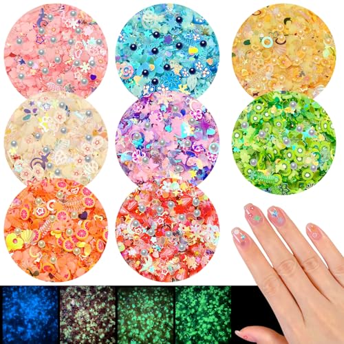 8 Colors Luminous Clay Slices Charms, VEINARDYL 3D Nail Art Slices Fruit Flower Butterfly Themed Glow in The Dark with Imitation Pearl Sequins for DIY Crafts Resin Slime Making Cellphone Decor