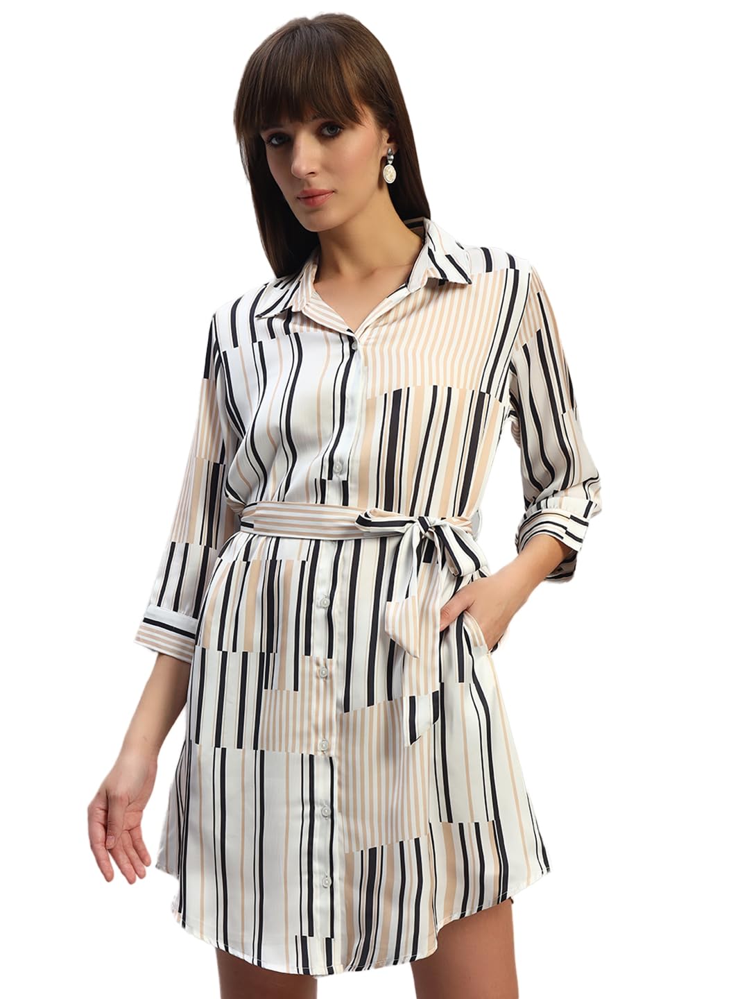 Women's Striped 3/4th Sleeves Spread Collar Casual Long Tunic (P_LLTNC00012)-image-46