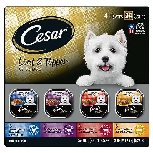Cesar Loaf in Sauce Wet Dog Food Rotisserie Chicken, Filet Mignon, Angus Beef, and Ham & Egg Flavors Variety Pack, 3.5 oz. Easy Peel Trays (24 Count, Pack of 1)
