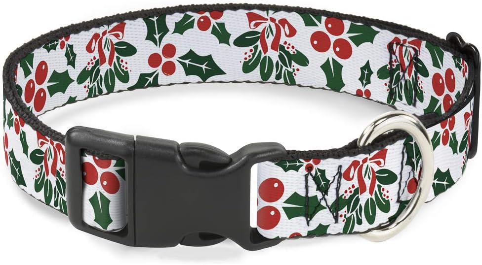 Buckle-Down 16-23" Holly & Mistletoe Plastic Clip Collar, Wide Medium