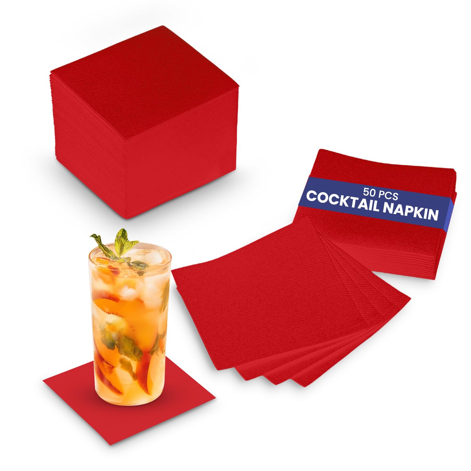 SNH Packing 50 Pieces 33x33cm Red Premium Square Shape 2-Ply Disposable Cocktail Napkin