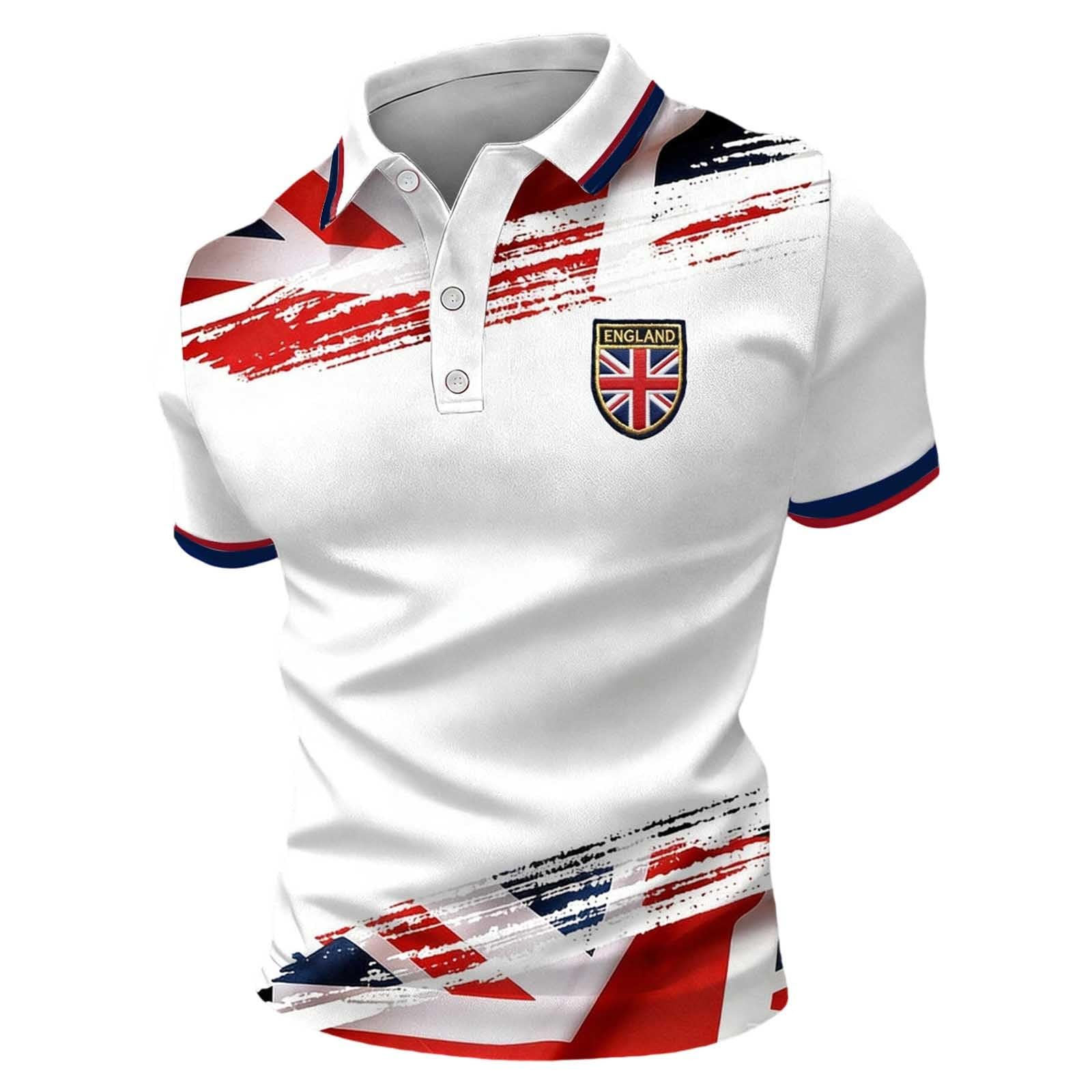 Mens England Polo Shirts Football 2026 Short Sleeve Collared Neck Great Britain Bunting Flags Print Union Jack T Shirt England Football Jersey Tops Breathable Fans Shirts (010-White, 6XL)