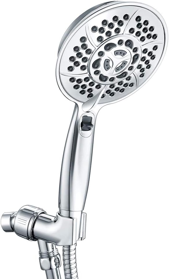 Handheld Shower Head, WASSERN 5.2'' High Pressure 6 Setting 81 Jets Rainfall Massage Water Saving Trickle Pause Extra Long 80'' Stainless Steel Hose Angle Adjustable Brass Ball Joint Bracket Chrome