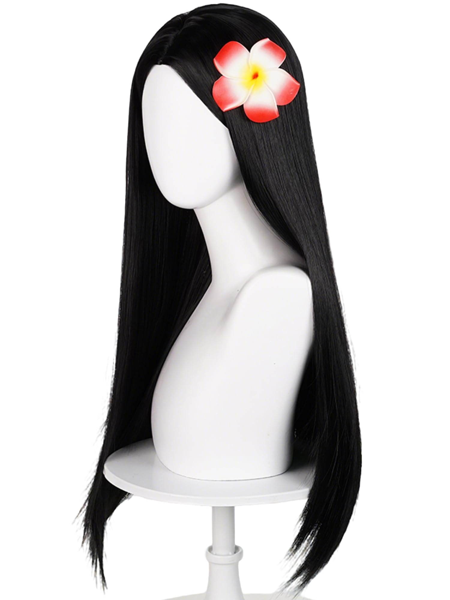 Peluca larga y lacia negra para niños con clip de flores, pelucas para niñas pequeñas Cosplay de 23.6 pulgadas de pelo sintético + gorra de peluca para disfraces diarios de fiesta de Halloween 2