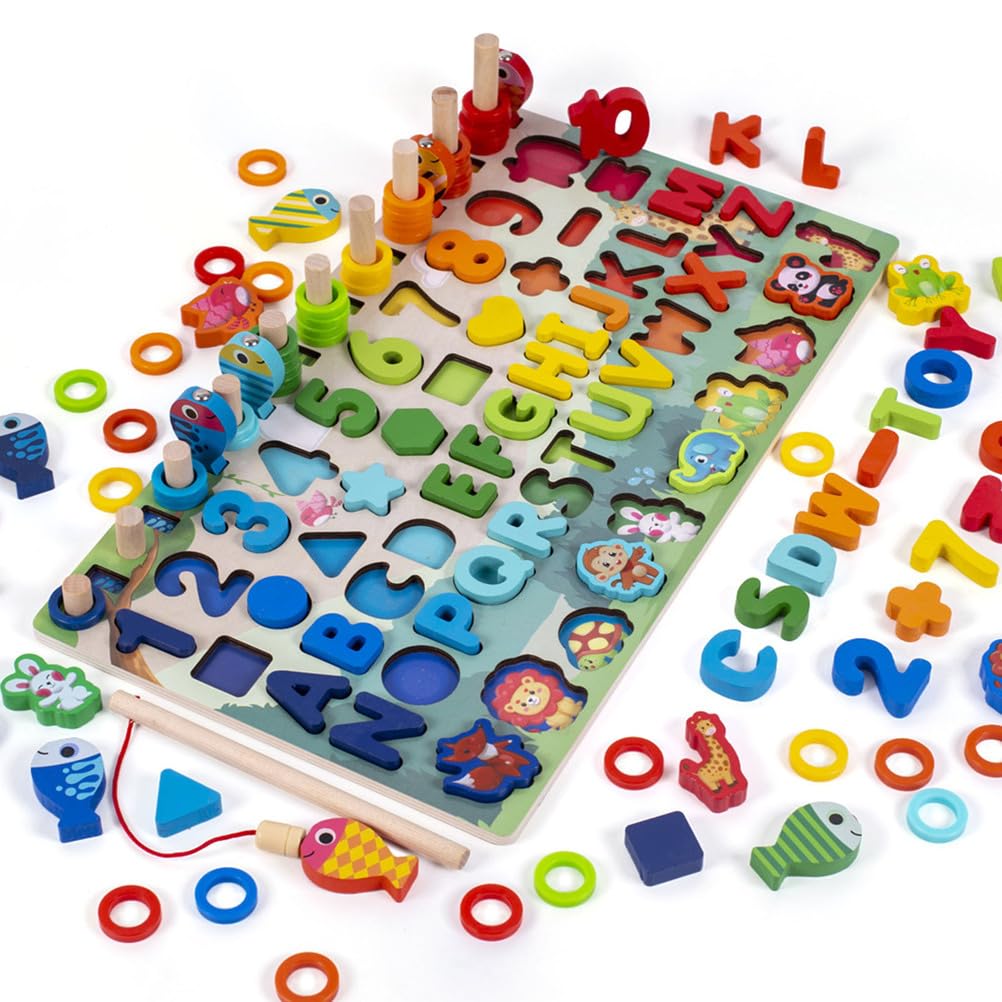 Montessori Wielofunkcyjne Drewniane Puzzle do Liczenia i Sortowania z Grą Wędkarską, Prezenty dla Chłopców i Dziewczynek