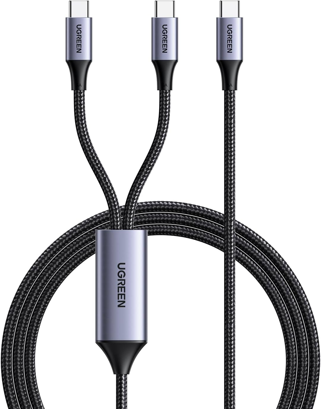 Type C 2-in-1 Cable 1.5M, 100W 5A Fast Charging Cord, USB C Male to C Male PD 3.0 Fast Charger Cable Braided Compatible with Samsung S24, iPhone 17/16/15, MacBook/iPad Pro, Google Pixel Black