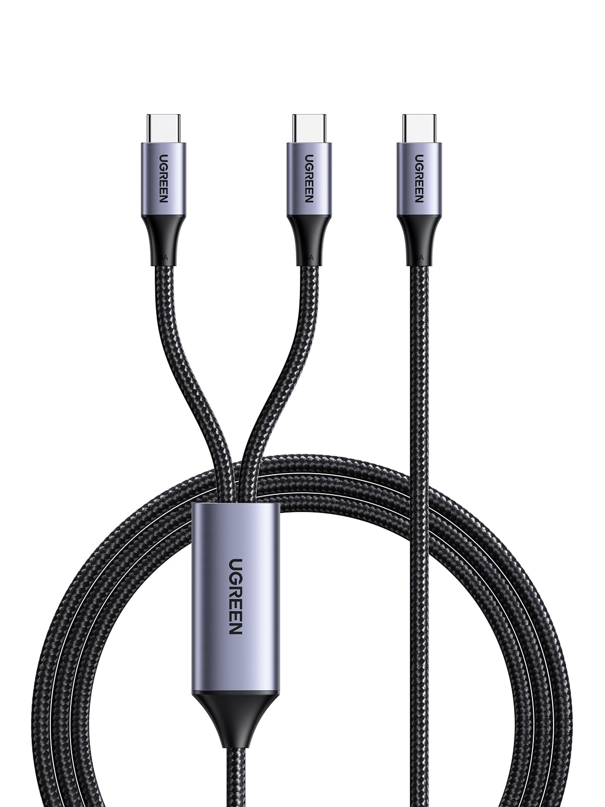 UGREEN Type C 2-in-1 Cable 1.5M, 100W 5A Fast Charging Cord, USB C Male to C Male PD 3.0 Fast Charger Cable Braided Compatible with Samsung S24, iPhone 17/16/15, MacBook/iPad Pro, Google Pixel Black