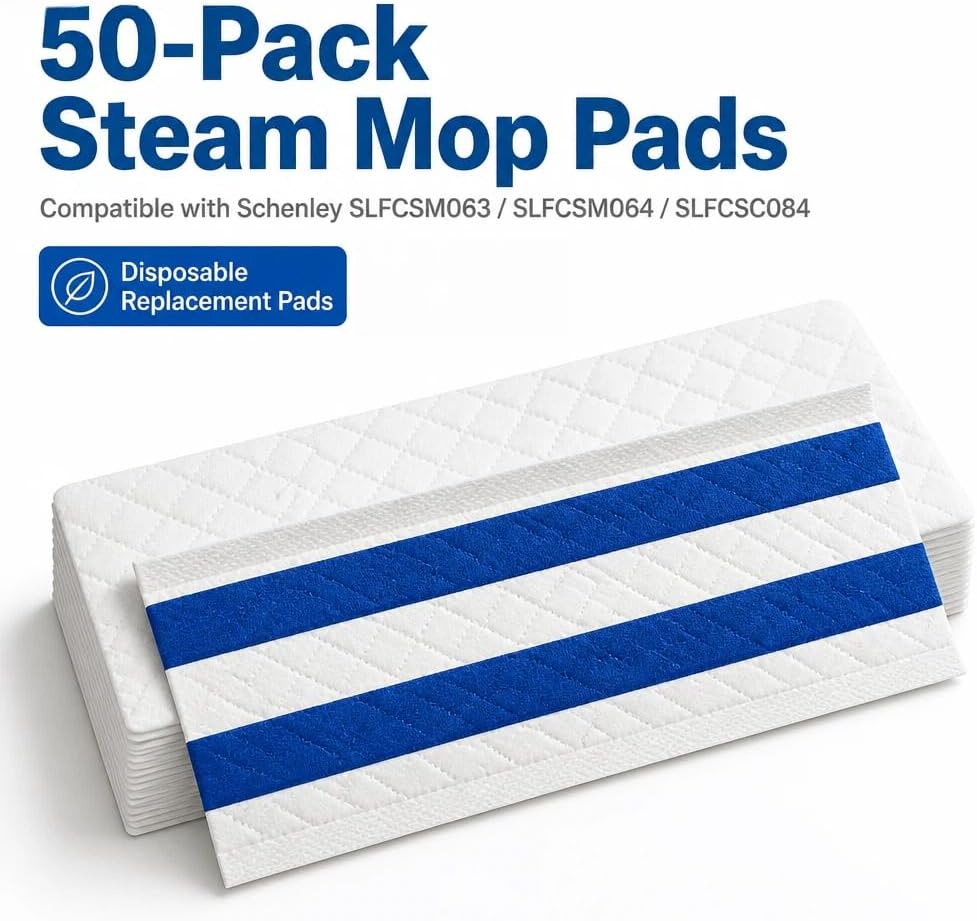 50 Pack Disposable Microfiber Cleaning Mop Pads Compatible With Schenley Steam Mop Cleaner SLFCSM063 & SLFCSM064 and Steam Cleaner SLFCSC084, Heavy Duty Disposable Sweeping Pad Replacement Refill
