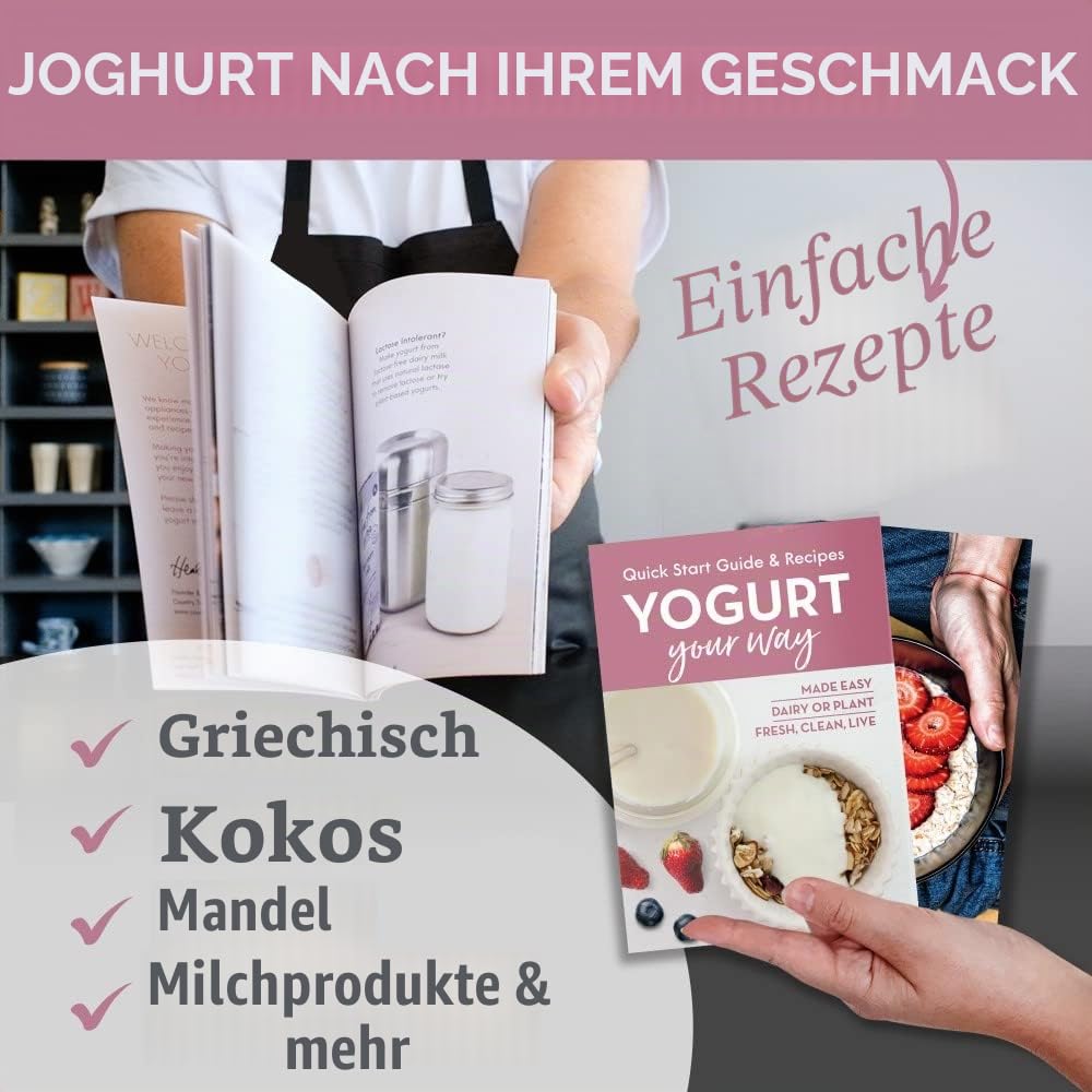 Joghurtbereiter aus Edelstahl mit 1 Quart Glas und komplettem Rezeptbuch für 12+ einfache hausgemachte milchfreie und Milchjoghurts