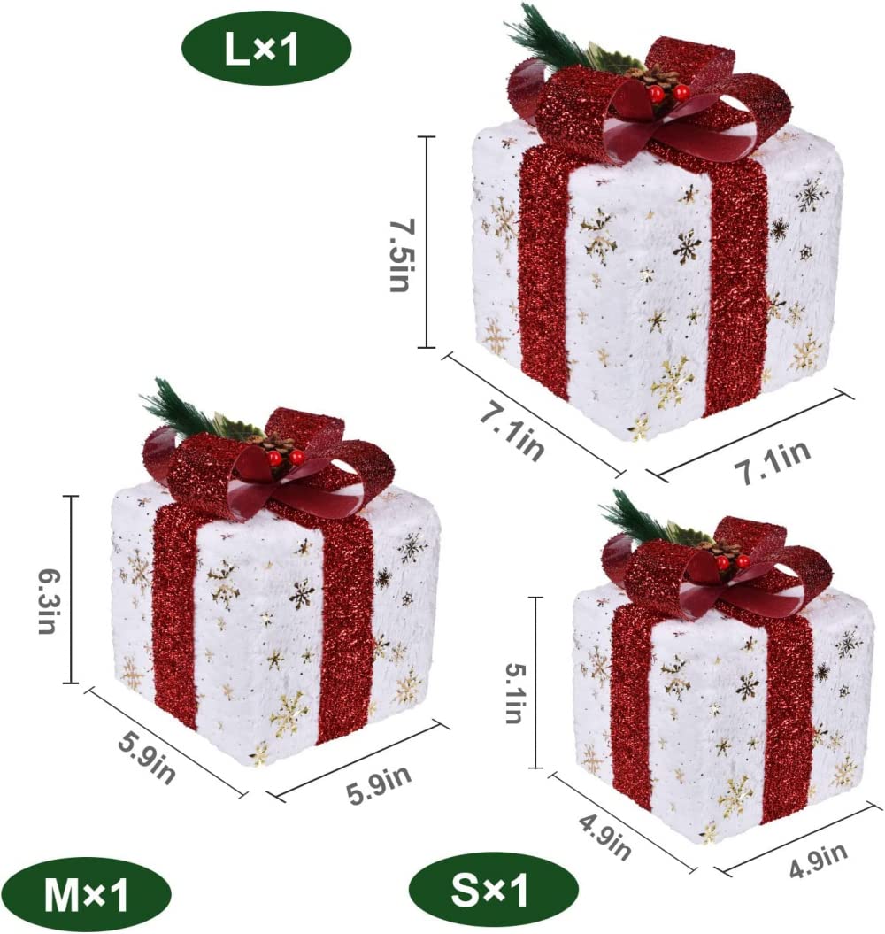Cajas de regalo para Navidad, Juego de 3 cajas de regalo con iluminación navideña y adornos de cajas de regalo con luz LED de Papá Noel, 60 luces LED blancas cálidas for jardín