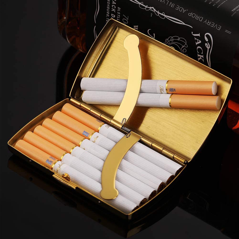 Retro Metal Cigarette Case Box - Double Sided Spring Clip Open Pocket Holder for 12 Cigarettes (Golden)