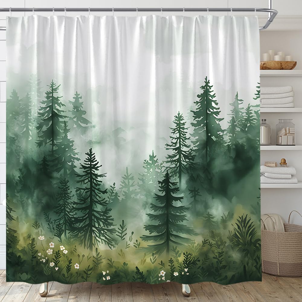 MSAYNFG Misty Forest Shower Curtain Green Trees Foggy Nature Wildflowers Rustic Abstract Plants Fabric Bathroom Decor Set with Hooks(70" Wx70 H)