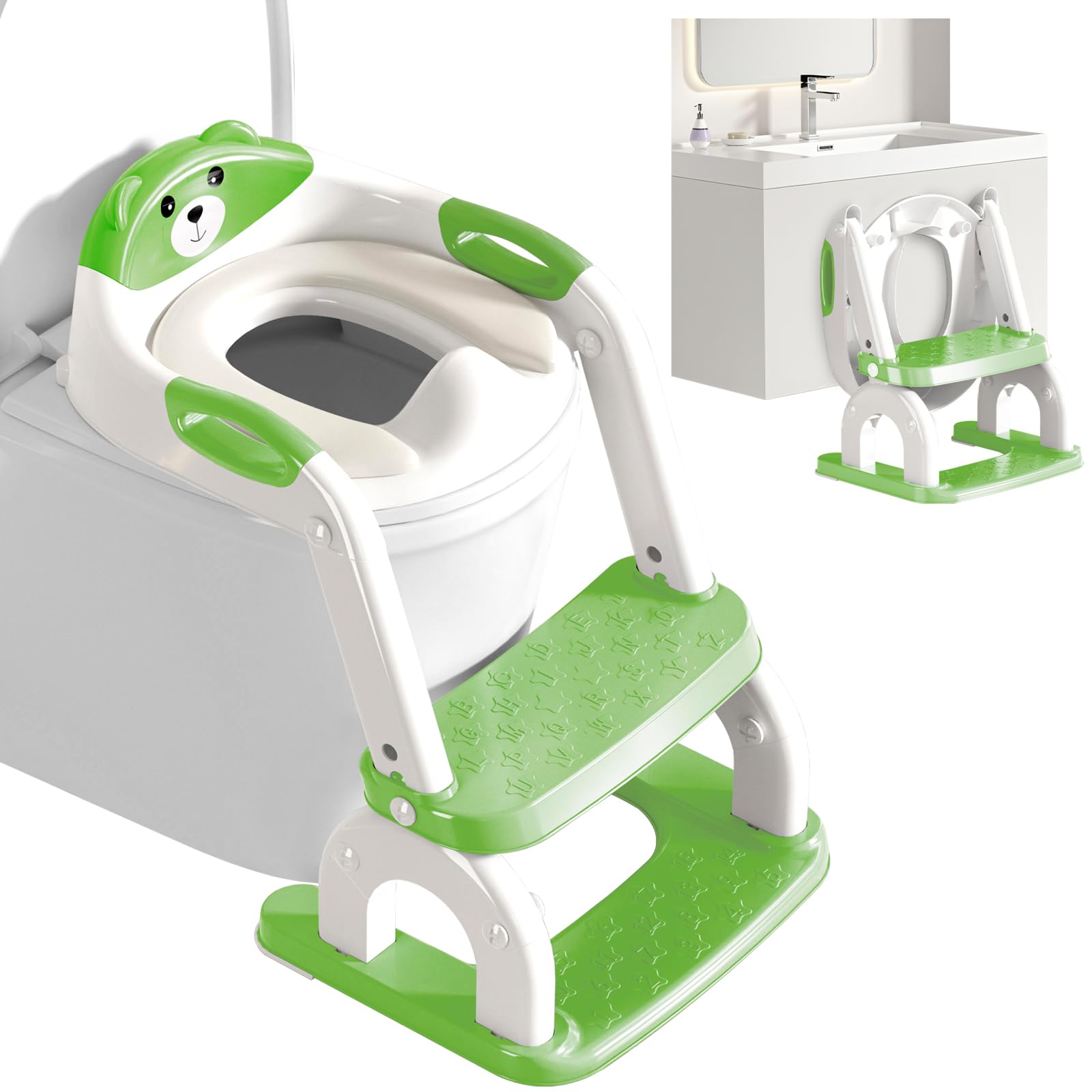 ZHONYEE Potty Training Seat for Toddlers - Upgrade 2-in-1 Toilet Seat Toilet Ladder for Kids Children Boys Girls, Anti-Slip Pad & Adjustable Height with Waterproof PVC Cushion - Green