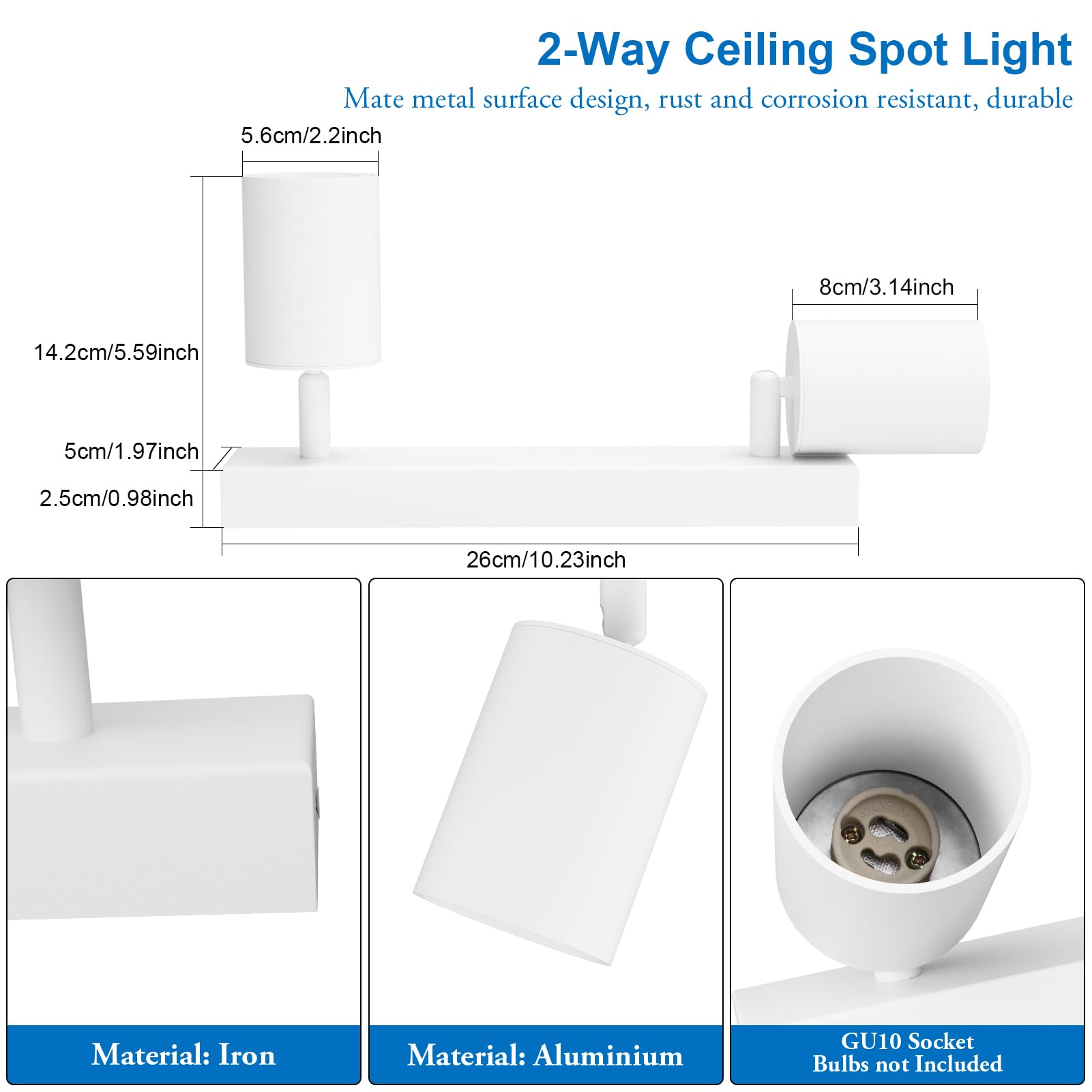 Klighten Spot Plafond GU10, Plafonnier 2 Spots Blanc Orientable Rotatif, Moderne Luminaire Plafonnier, Éclairage de Plafond Interieur pour Cuisine, Chambre, Salon, Couloir, Ampoule non Incluse