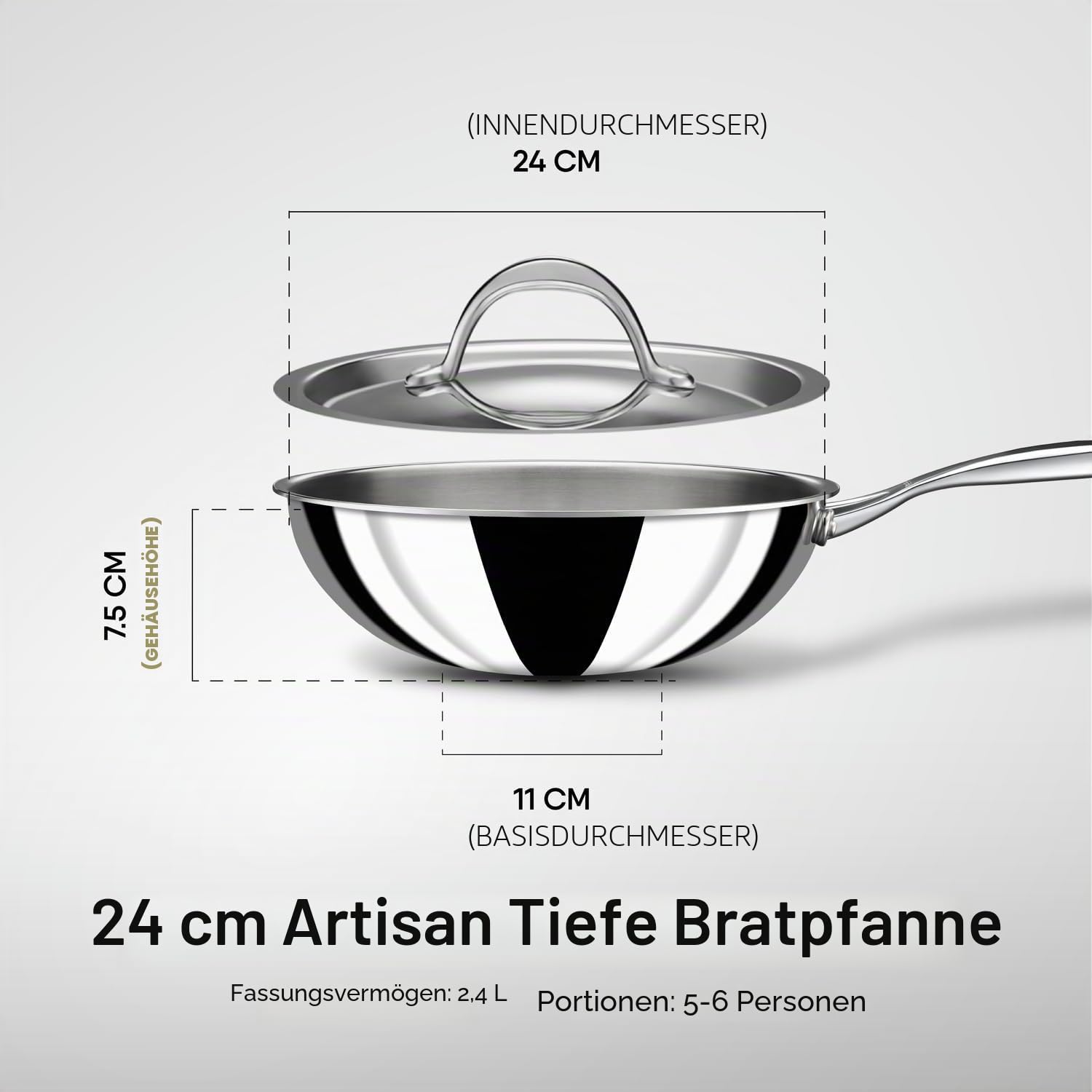 Stahl Artisan Triply Edelstahl-Wok mit Deckel, tiefe Bratpfanne, Induktionsboden, Brat-Wok, Induktions- und Gasherd kompatibel, 2,4 l, 24 cm