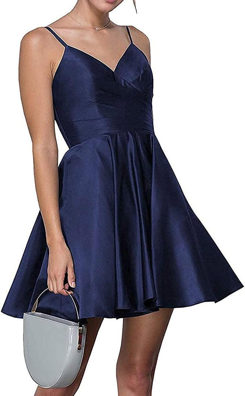 Homecoming Dress for Women Short Satin V Neck Spaghetti Off Shoulder Prom Gown