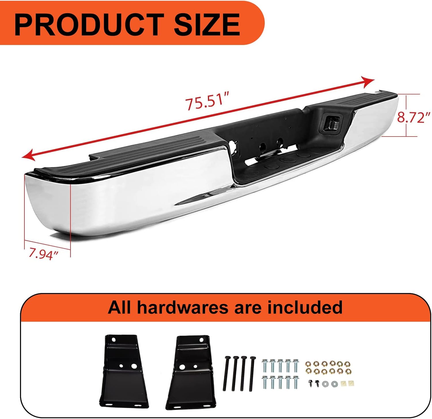 ECOTRIC Rear Step Bumper Assembly Compatible with 2002-2009 Dodge Ram 1500 2500 3500 W/License Plate Light Replace for CH1103111 CH1103108 55077107AD 55077107AF Fleetside Styleside Chrome