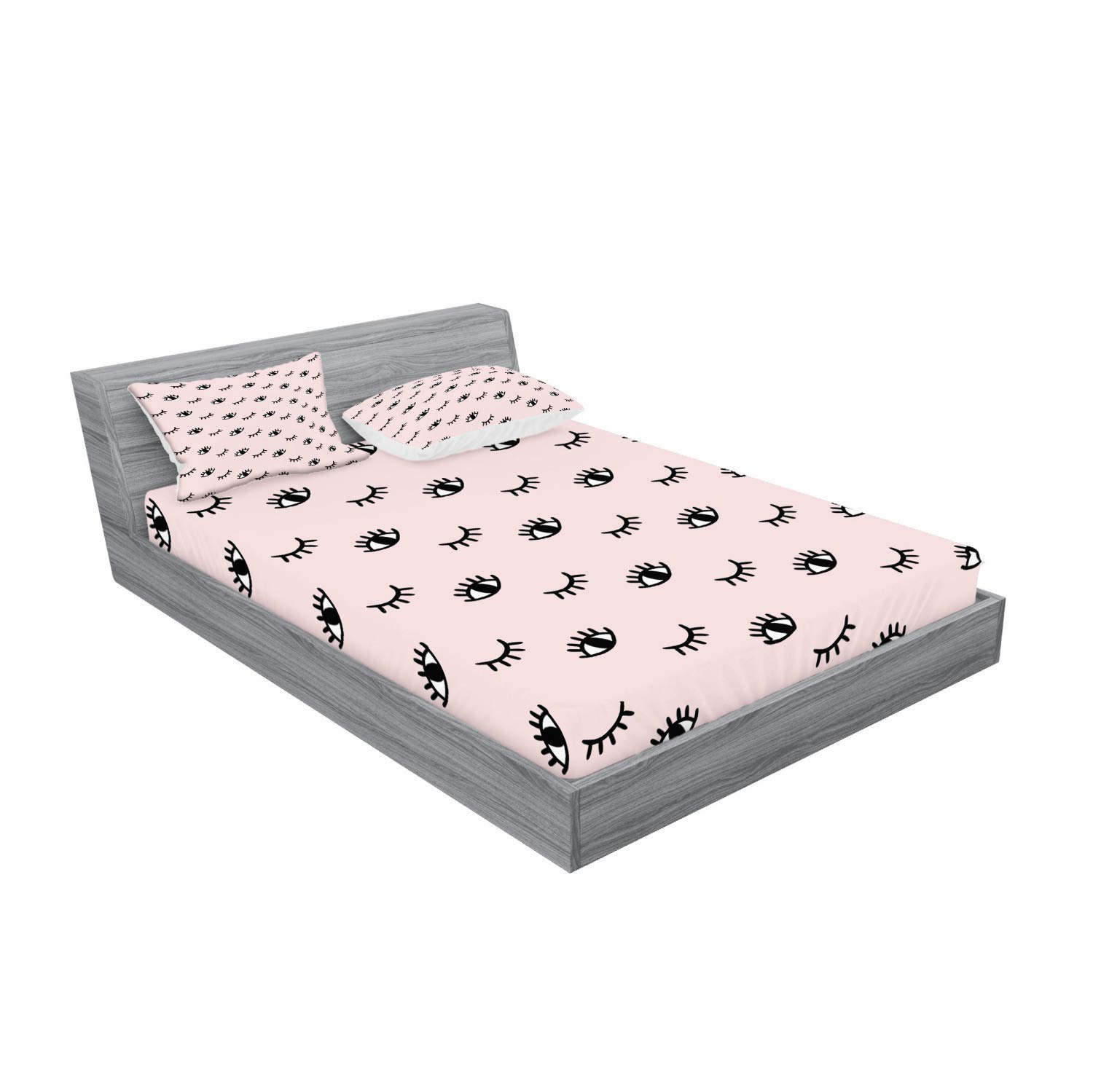 Ambesonne Eyelash Fitted Sheet & Pillow Sham Set, Doodle Style Open and Closed Eyes Hand Drawn Sketch Abstract Kids Design, Decorative Printed 3 Piece Bedding Decor Set, Calking, Rose Black