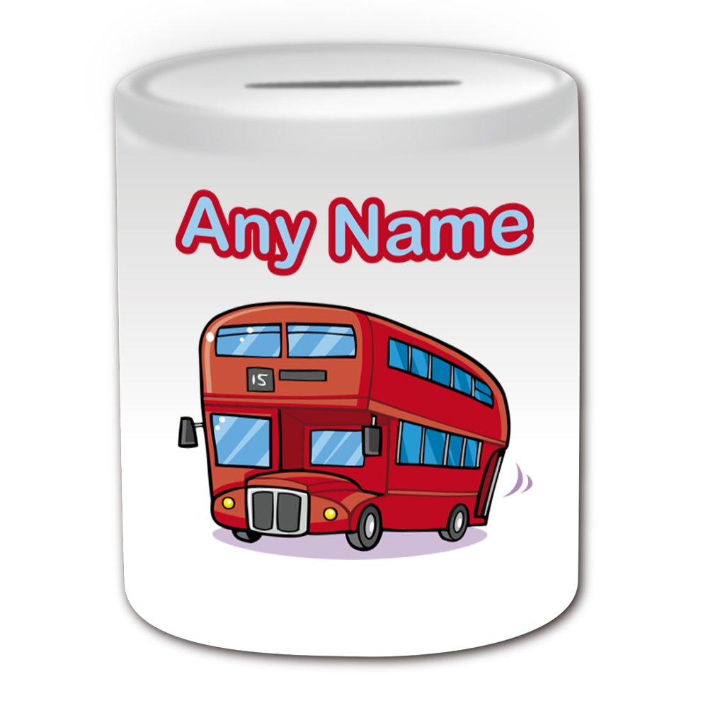 UNIGIFT Personalised Gift - London Bus Money Box (Transport Design Theme, White) - Any Name/Message on Your Unique - Piggy Bank Saving Jar Pot