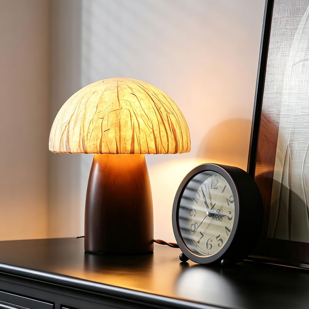 Lampada da Tavolo Fungo Paralume Carta Base Legno Comodino