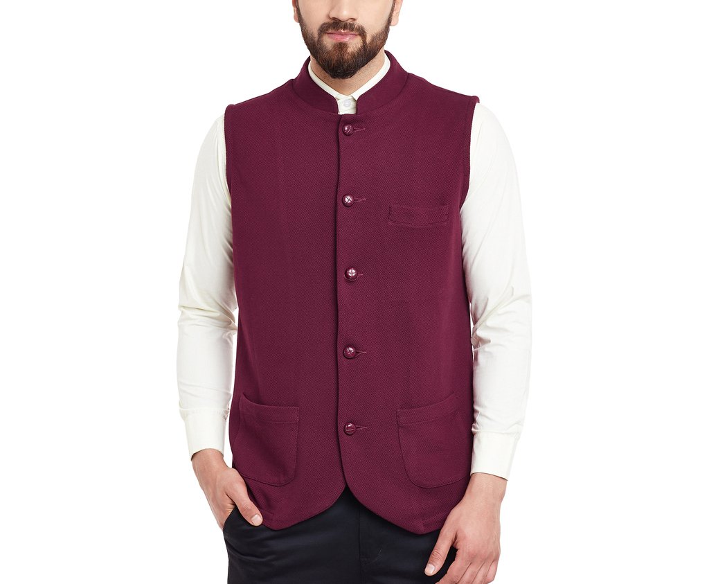 hypernation Maroon Color Cotton Nehru Jacket for Men-picture-17