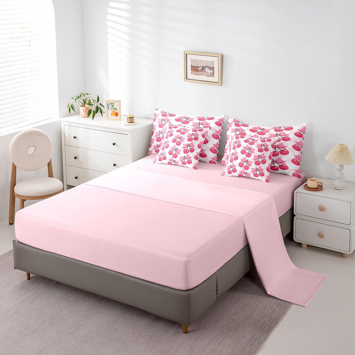 Feelyou Pink Bow Cherry Bed Set Includes Comforter, Sheet Set, Pillowcases & Pillow Covers Set Twin Size Cute Fruit 7 Pieces Bedding Set, Girls Decor Bowknot Bed in a Bag, Microfiber Girls Bow Bedroom