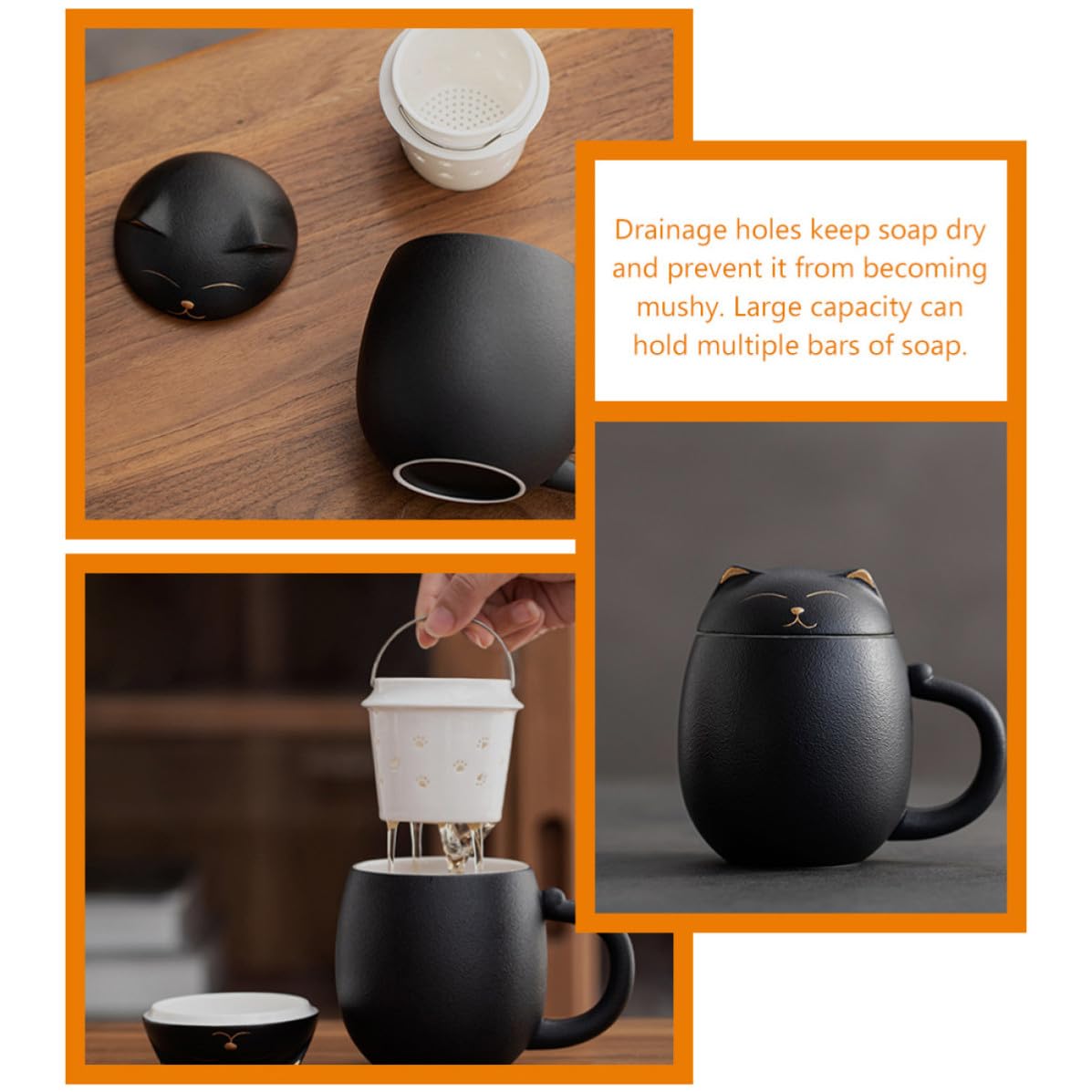 Tazza in Ceramica da 400ml con Filtro e Coperchio, Tazza Mug Nero Decorata con Gatto, per Ristoranti e Caffè