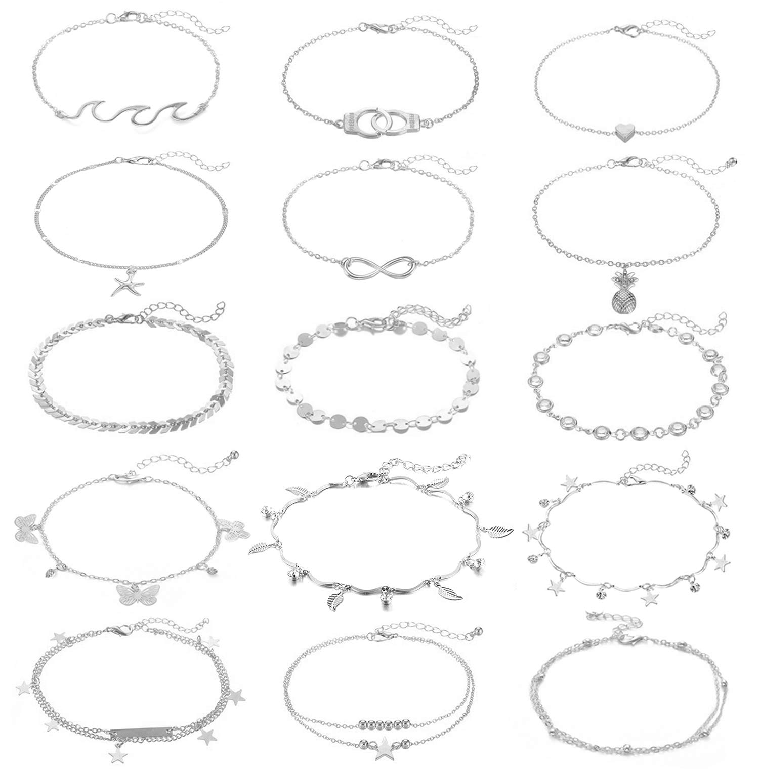 WFYOU 15Pcs Ankle Bracelets for Women Silver Gold Anklets for Women Boho Beach Anklet Layered Crystal Anklets Adjustable Chain Anklet Set Foot Jewelry