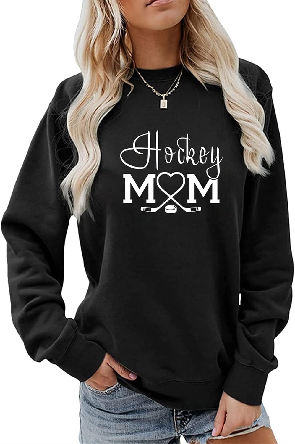 Hockey Mom Sweatshirt – Women’s Long Sleeve Crewneck Pullover Top for Game Day – Ice Hockey Graphic (Color: Black, Size: XX-Large)