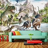 Dinosaur World Cartoon Wall Mural, 3D Photo Mural Wallpaper, Wall Stickers Smooth and Grease-Free So