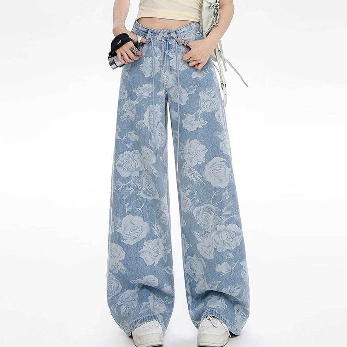 Fashion Casual High Waisted Straight Leg Jeans for Woman Y2K Cute Floral Printed Waist Drawstring Denim