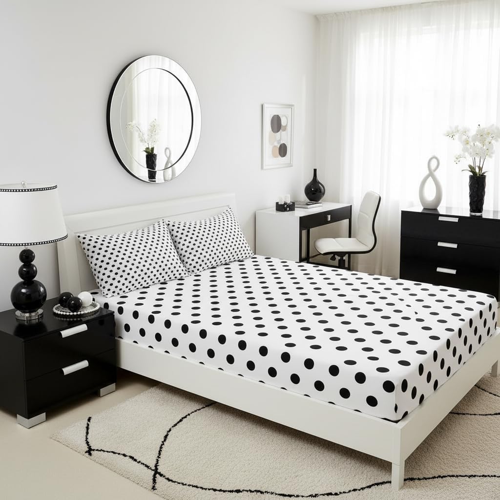 Polka Dot Kids Fitted Sheet Twin Size,White Black Dots Geometric Bed Sheet 2Pcs,Boys Girls Bedroom Decor,Modern Simple Art Style Deep Pocket Sheet,1 Pillowcase
