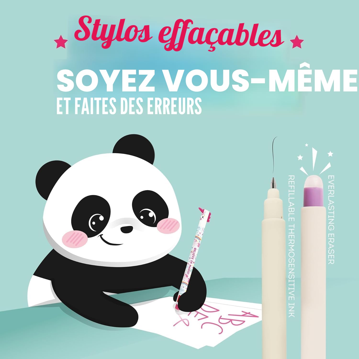 LEGAMI - Lot de 7 stylos gel effaçables + trousse porte-stylos 2 en 1 - avec encre thermosensible effaçable, couleurs d'encre et motifs de corps, pointe 0,7 mm, Lot 2 (Panda)