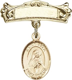 Gold Filled Baby Badge with St. Rita of Cascia Charm and Arched Polished Badge Pin 7/8 X 3/4 inches
