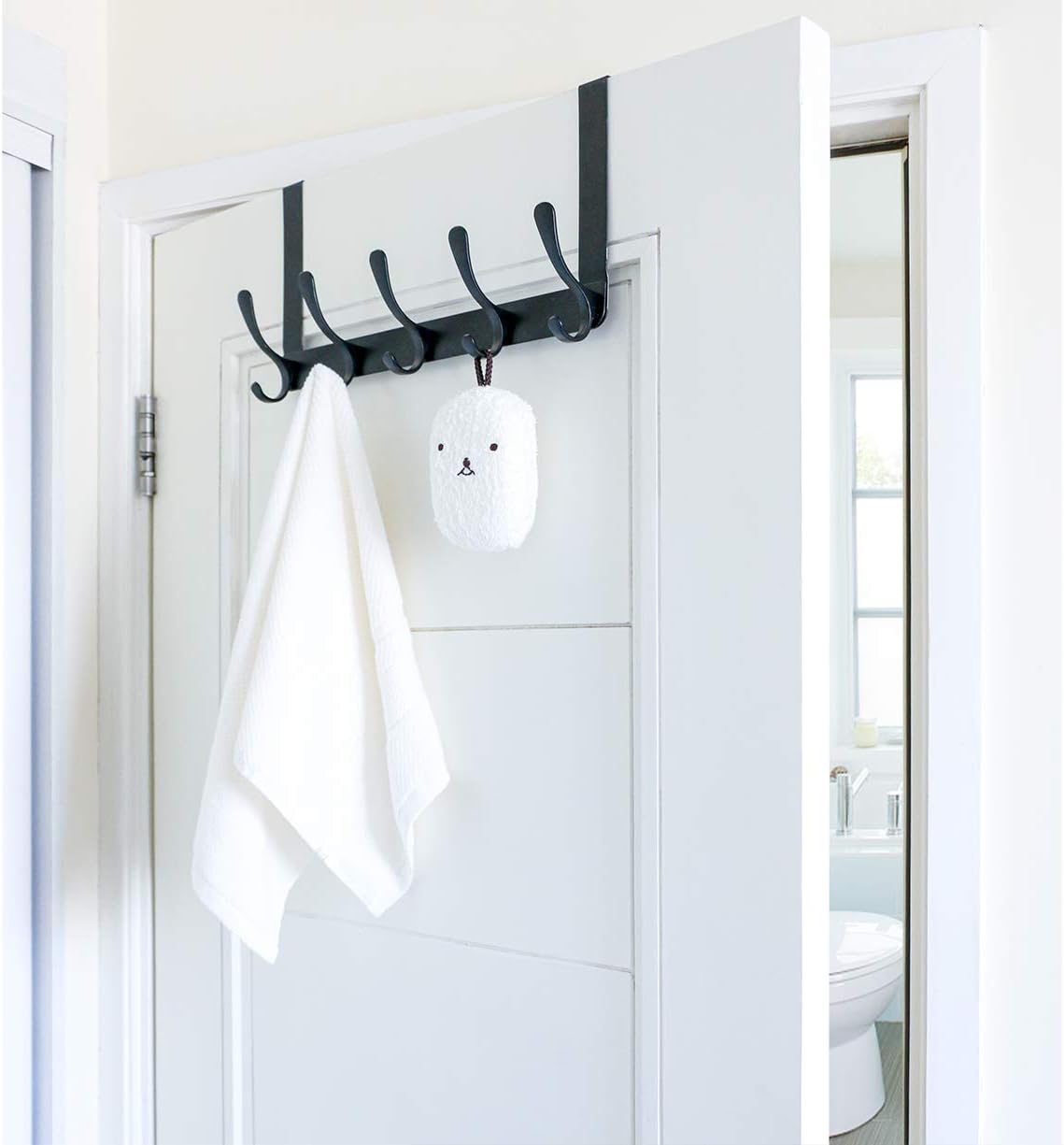 VXAR Over The Door Hook Hanger Heavy Duty Stainless Steel Coat Rack Long Arms for Hanging Towel Clothes Robes Bag Purse Bathroom Bedroom 5 Hooks Black 1P