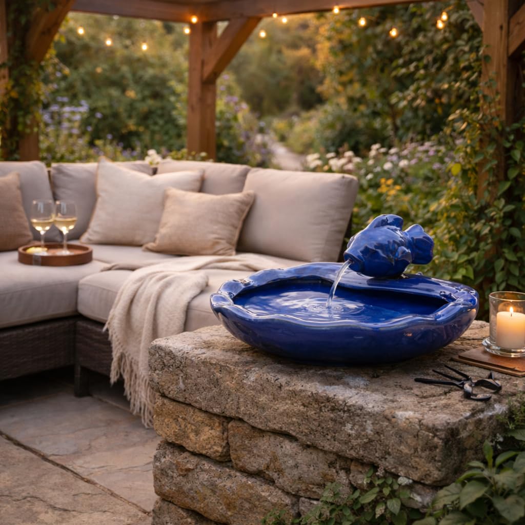 Festive Lights - 37 cm Solar-Keramik-Fischwasserspiel mit glasierter blauer Oberfläche – Gartenbrunnen für den Außenbereich, IP44 bewertet, wetterbeständig – in sich geschlossen, einfache Einrichtung,