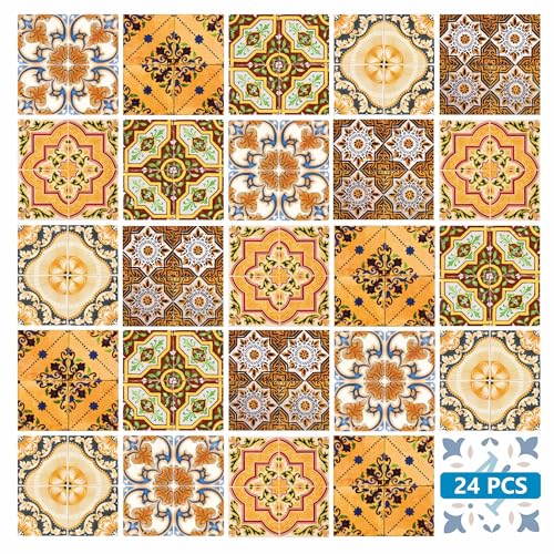 Backsplash Bathroom Décor Tiles by Mi Alma– 24-Piece Talavera Tile Stickers Peel and Stick Easy Application Ideal for Bathroom, Kitchen Wall Tile Decals – 4x4 (Cozy Room)