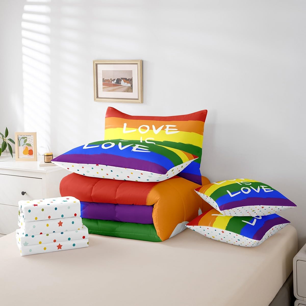 jejeloiu LGBT Comforter Set with Sheets Queen Size Rainbow Rectangle Pride 7 Piece Bedding Set All Season for Women Lesbian Gay Transgender Bed in A Bag Breathable Soft Colorful Room Decor