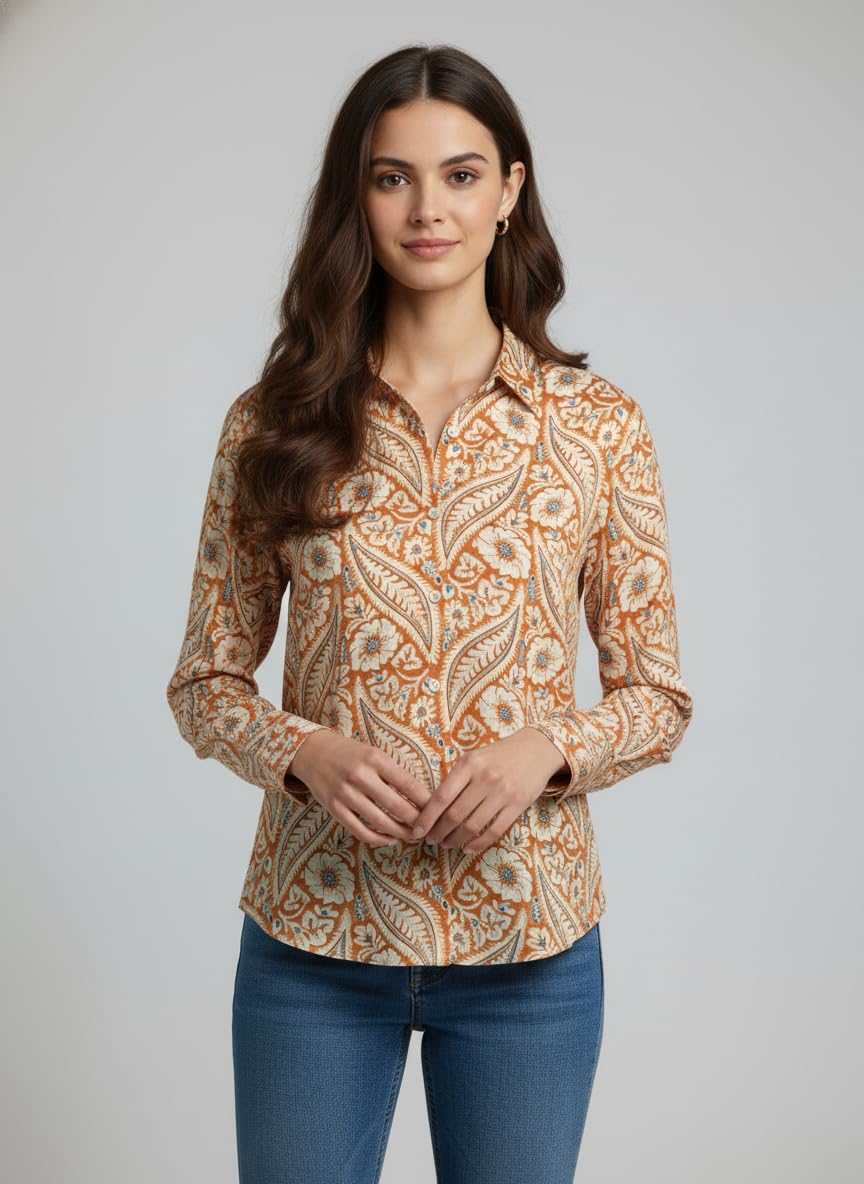 ANNI Designer Bedrucktes Damenhemd aus Baumwollmischgewebe, langärmelig, normale Passform, Hemdkragen, legere Bürokleidung, elegante Western-Kleidung für den Alltag, Hochzeit, Party