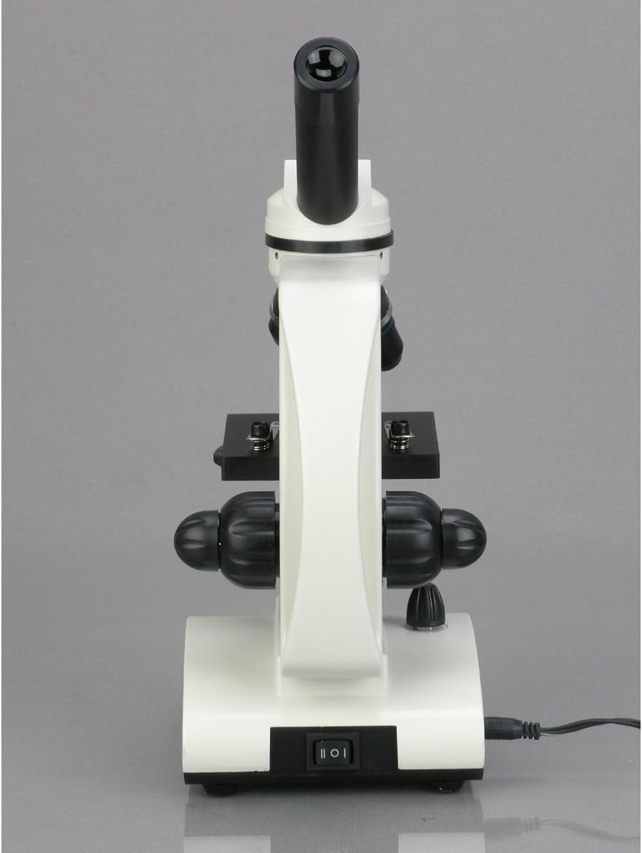 AmScope M160C-2L-PB10 Cordless Compound Monocular Microscope, WF10x and WF25x Eyepieces, 40x-1000x Magnification, Upper and Lower LED Illumination with Rheostat, Brightfield, Single-Lens Condenser, Coaxial Coarse and Fine Focus, Plain Stage, 110V or Battery-Powered, with Handle and Arched Base