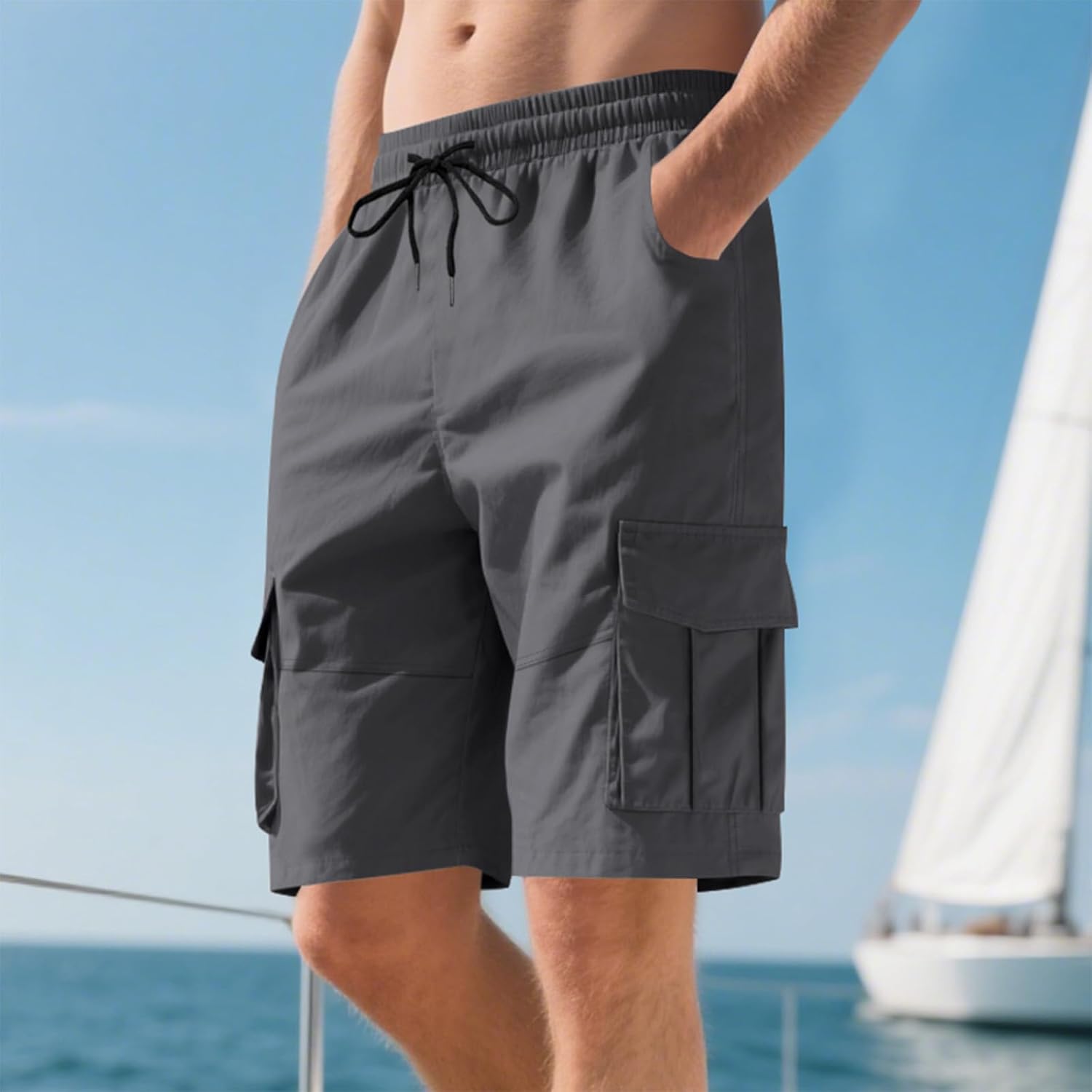 Men's Classic Cargo Shorts Casual Drawstring Elastic Waist Work Short with Multi Pockets Camping Outfits
